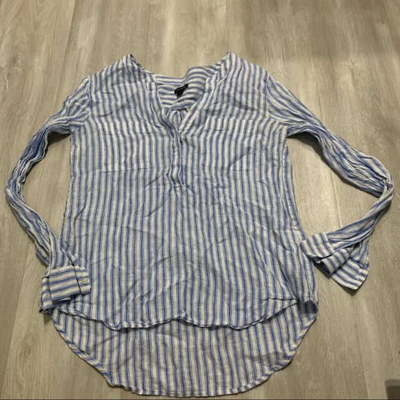 Ann Taylor 100%LINEN Blue White Striped Top Sz S - Picture 2 of 9